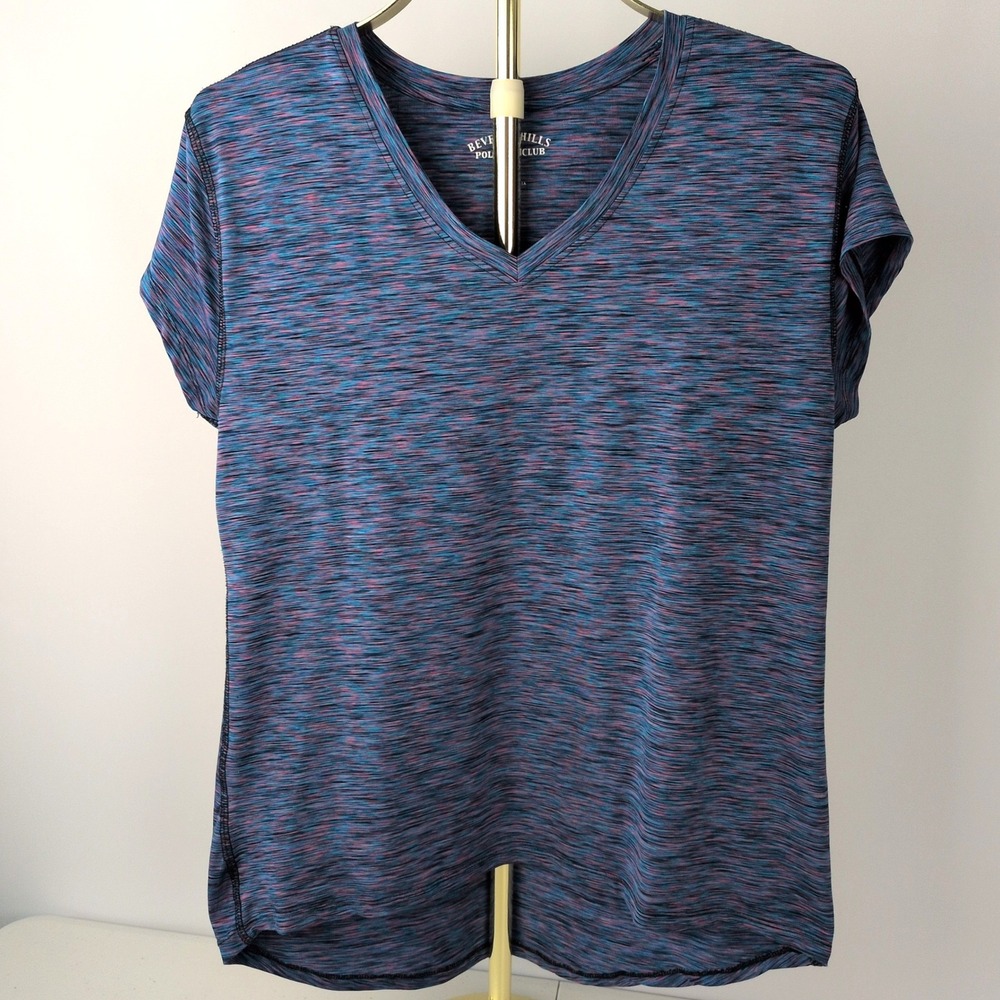 Beverly Hills Polo Club Women XL Active Top Blue Pink Space Dye V-Neck Sporty